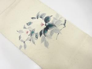 作家物　ひげ紬手描き椿模様開き名古屋帯（額縁仕立て）